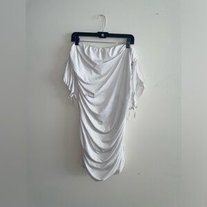 Ruched off the shoulder bodycon white dress